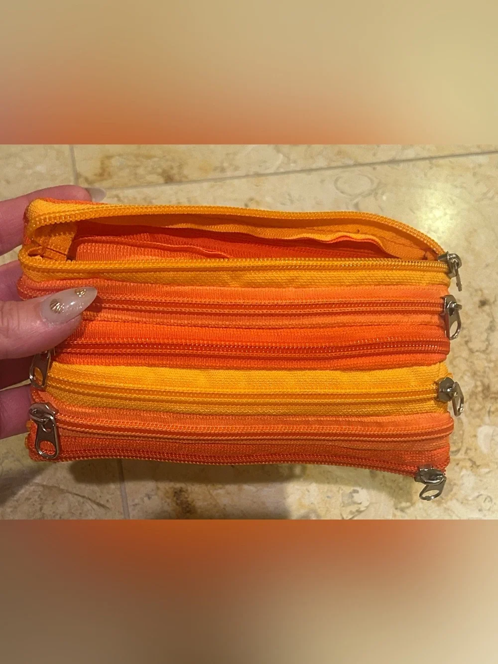 Striped Two Tone Orange 7 Zipper Pouch